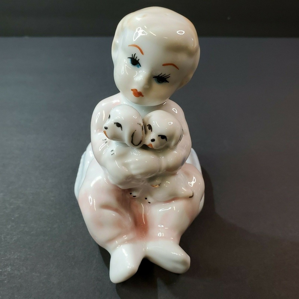 Vintage Ceramic Lusterware Child sitting on pillow holding dogs puppies Unmarked
